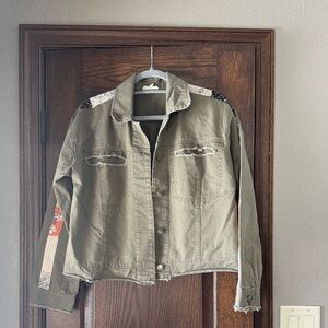 Mystree Olive Jean Jacket with Patterned Sleeves